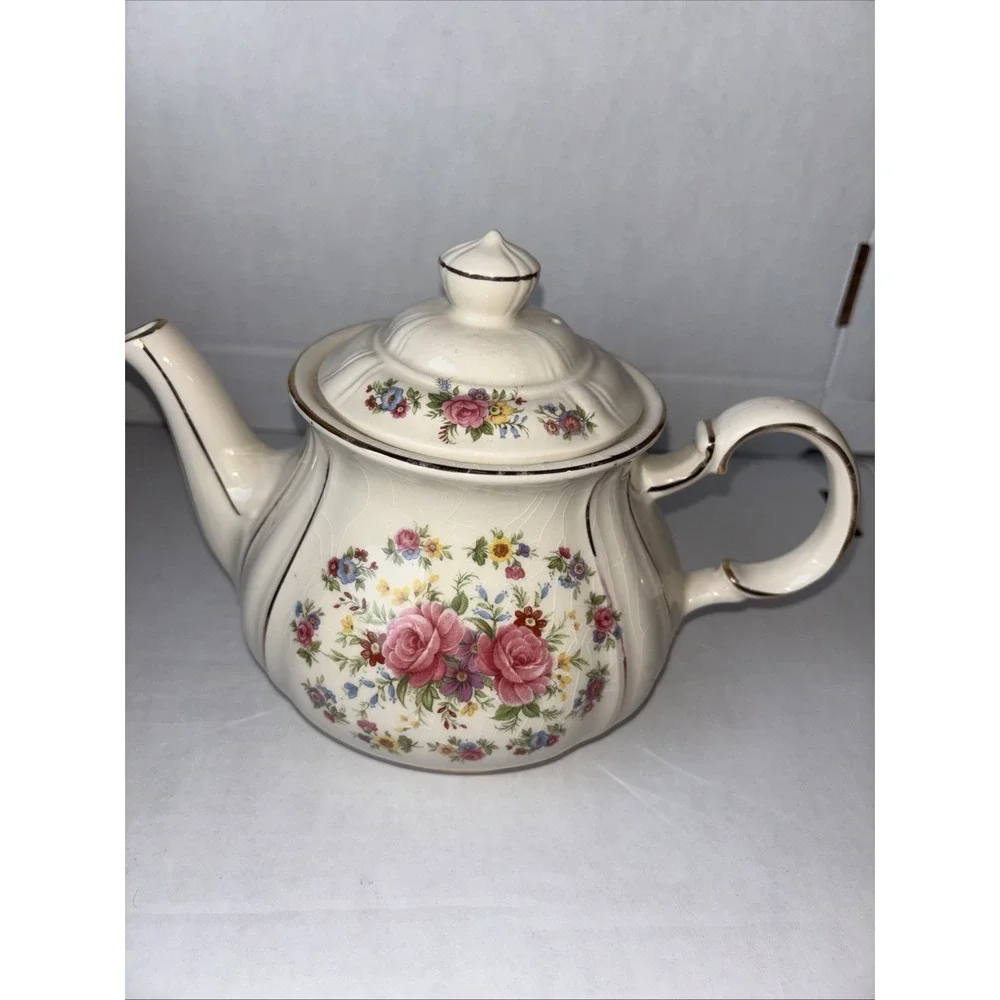 Sadler Royal Oak Tableware Pink Multicolor Floral Teapot W/Gold‎ Trim